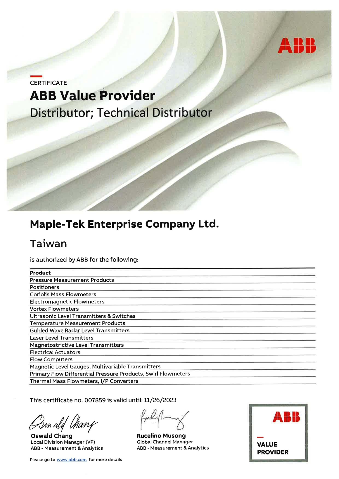 Maple-Tek_ABB AVP Authorization Certificate_2023